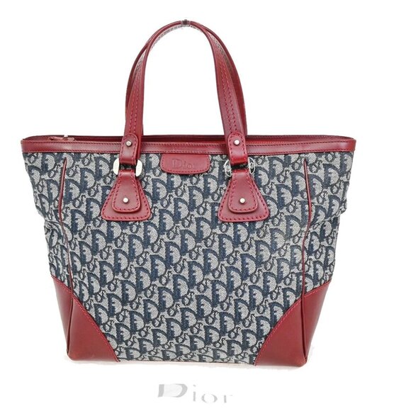 CHRISTIAN DIOR Trotter Pattern Hand Bag Canvas Leather Navy Blue Red - Picture 1 of 15